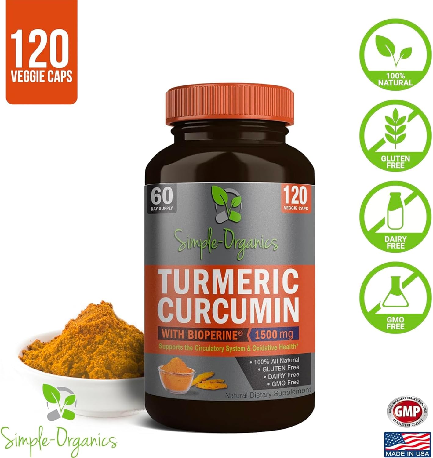 1500mg Turmeric Curcumin Capsules with Bioperine and Black Pepper Extract for Joint Support and Health - 120 Vegan Capsules