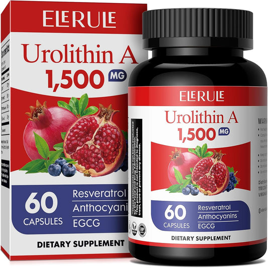 1500mg Urolithin A Supplement with Trans-Resveratrol, Anthocyanins, and Green Tea - Promotes Healthy Aging and Vitality - 60 Capsules for Men and Women