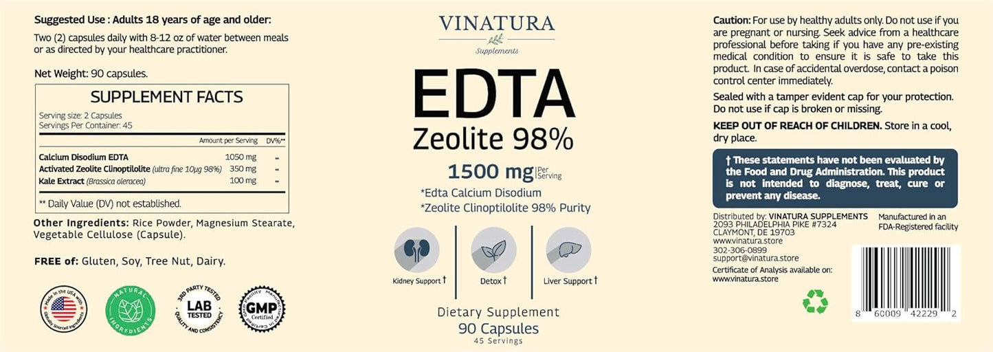 1500mg USA Made EDTA Capsules - Liver Support with Edta Calcium Disodium & Kale Extract - 90 Capsules