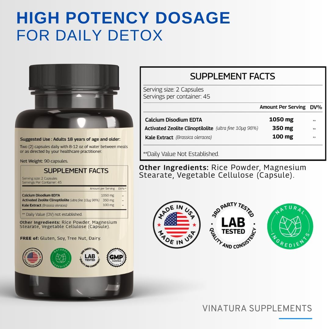 1500mg USA Made EDTA Capsules - Liver Support with Edta Calcium Disodium & Kale Extract - 90 Capsules