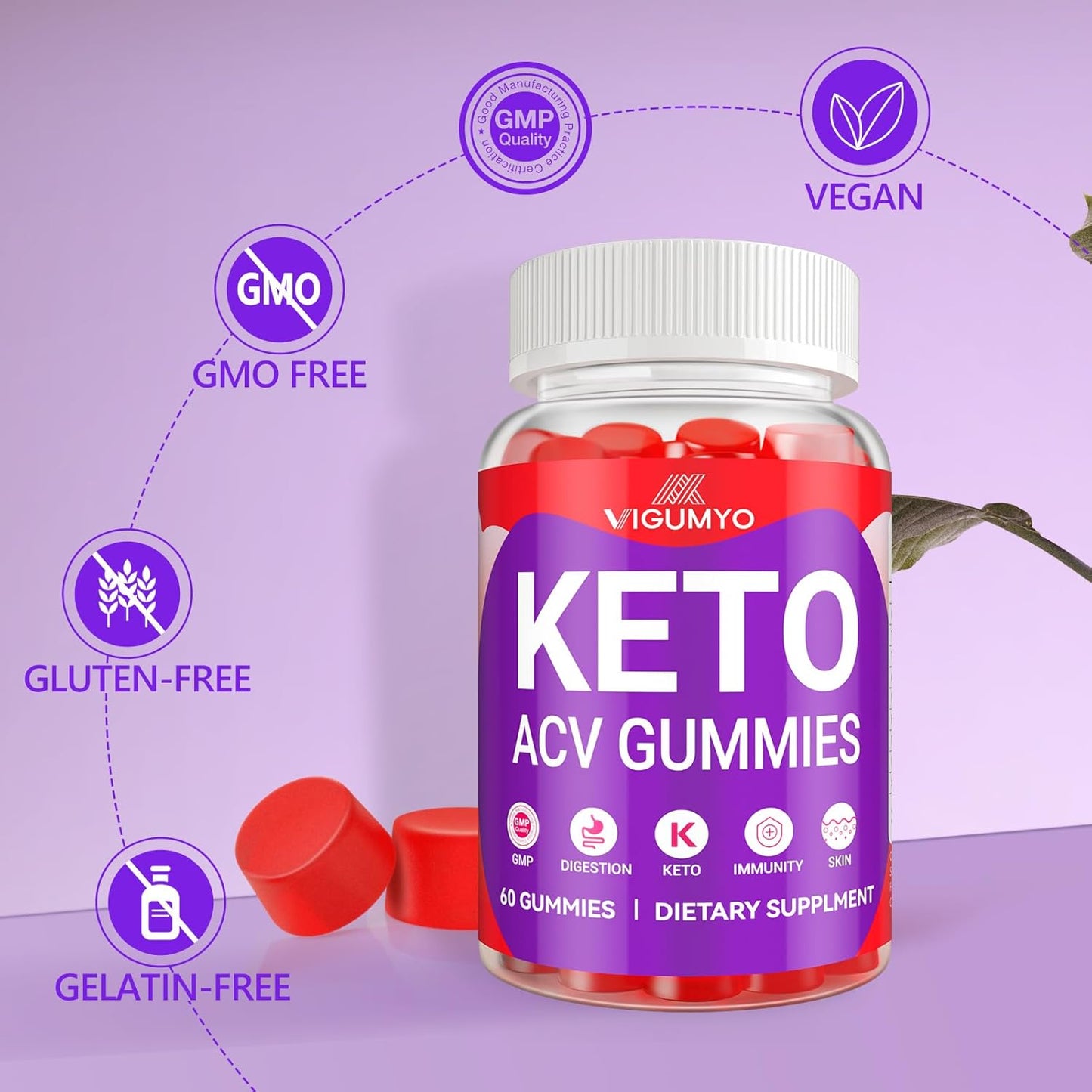 1500mg VIGUMYO Keto Apple Cider Vinegar Gummies with B12 for Immune Support, Energy, and Digestive Health - Vegan & Gluten-Free