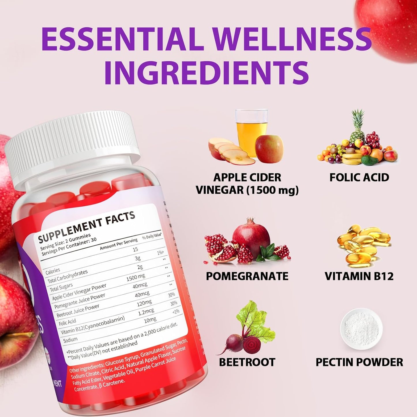 1500mg VIGUMYO Keto Apple Cider Vinegar Gummies with B12 for Immune Support, Energy, and Digestive Health - Vegan & Gluten-Free