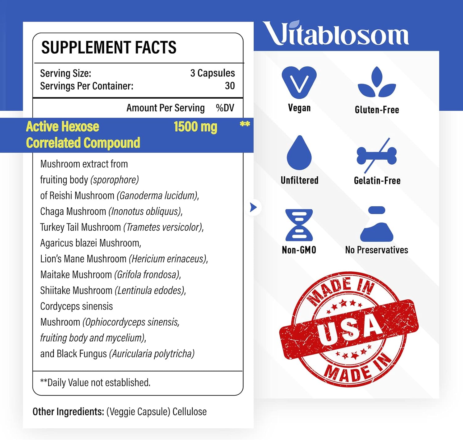 1500mg Vitablosom Active Hexose Correlated Compound Supplement - Immune & Liver Support - 90 Capsules
