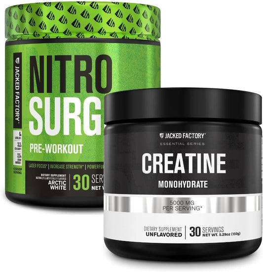 150g Jacked Factory NITROSURGE Pre Workout Supplement with Creatine Monohydrate Powder for Muscle Growth, Strength, Energy - Arctic White Flavor