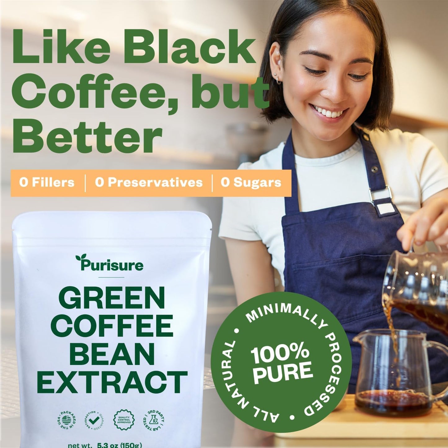 150g Purisure Green Coffee Bean Extract with Chlorogenic Acid - Natural Body Detox & Appetite Suppressant for Energy - 750 Servings for Women & Men