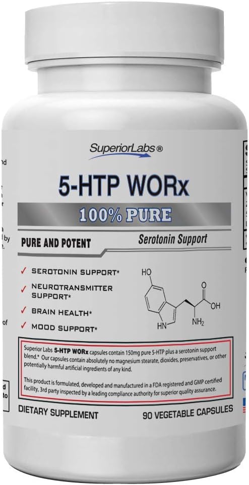 150mg Pure 5-HTP with Serotonin Blend - 90 Vegetable Capsules by Superior Labs for Neurotransmitter and Mood Support
