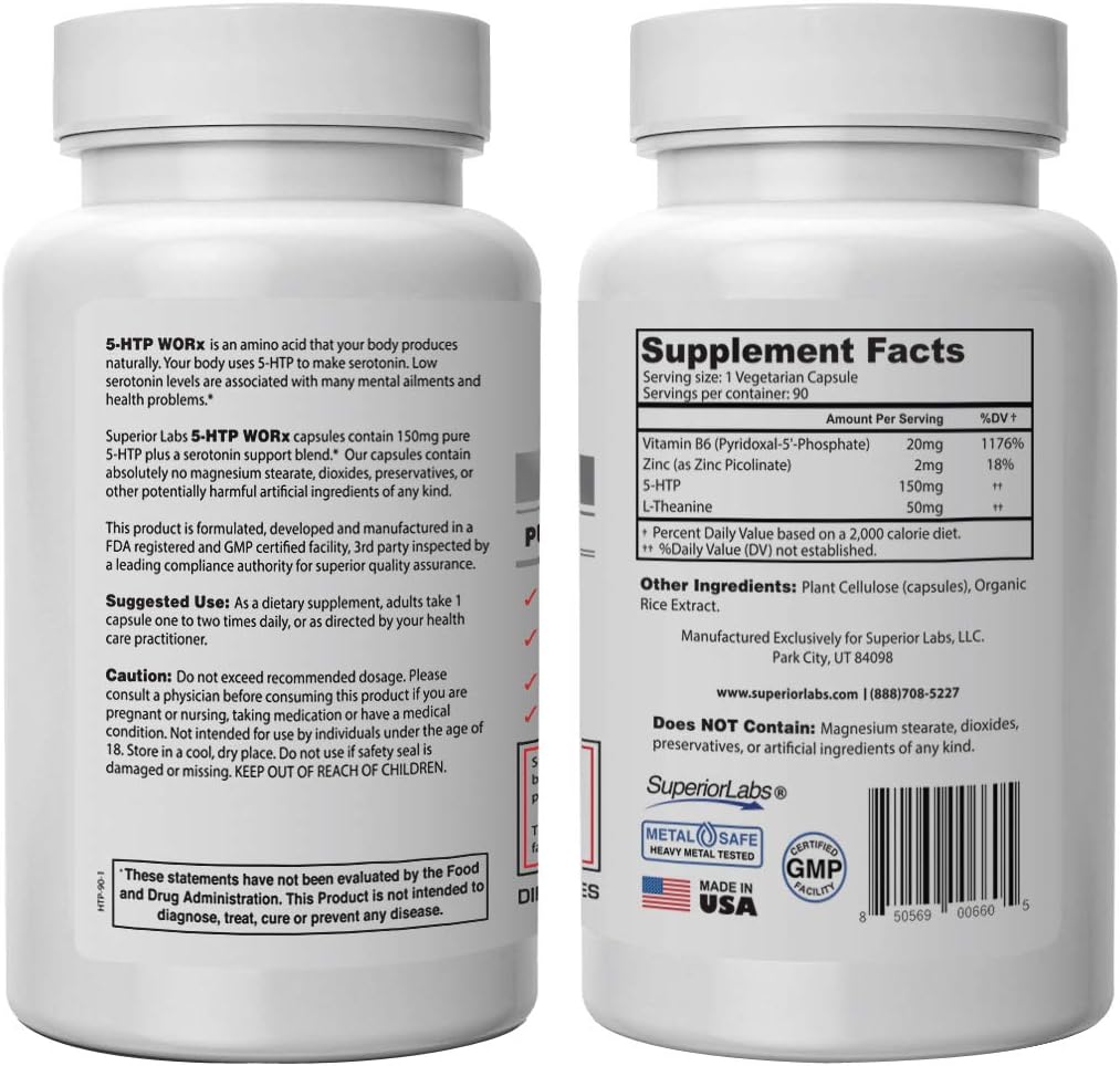 150mg Pure 5-HTP with Serotonin Blend - 90 Vegetable Capsules by Superior Labs for Neurotransmitter and Mood Support