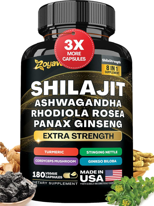 15,250 MG Herbal Supplement with Shilajit, Ginseng, Ashwagandha, Rhodiola, Turmeric, Gingko, Nettle, and Cordyceps (180 Caps)