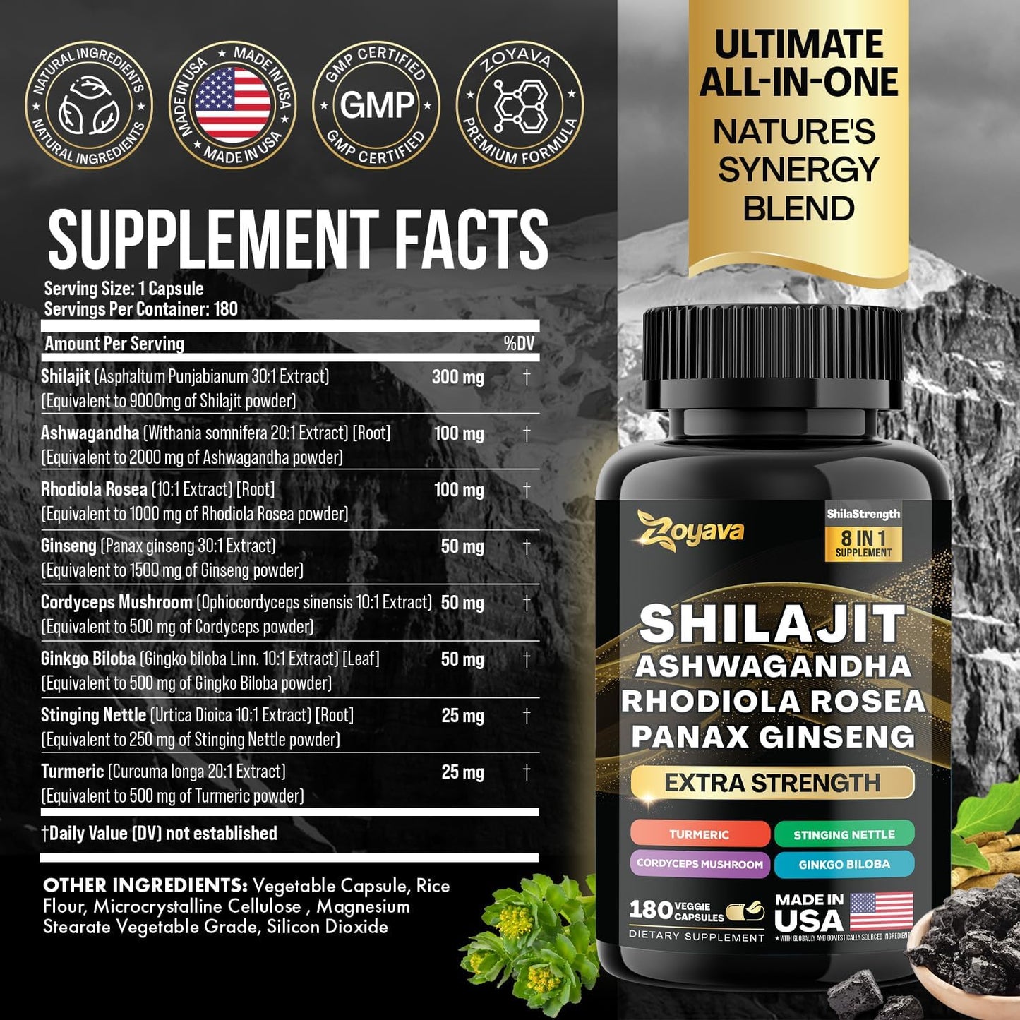 15,250 MG Herbal Supplement with Shilajit, Ginseng, Ashwagandha, Rhodiola, Turmeric, Gingko, Nettle, and Cordyceps (180 Caps)
