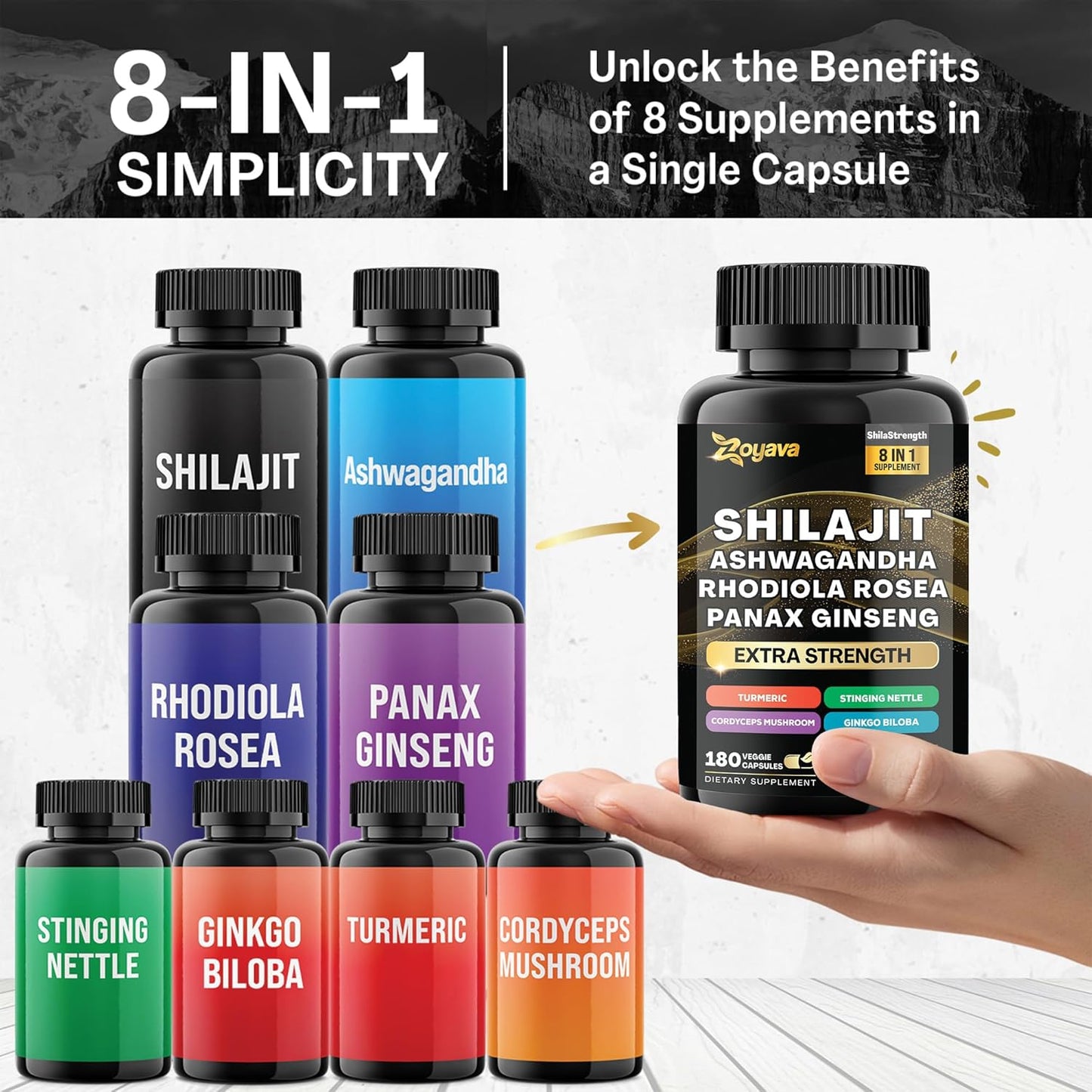 15,250 MG Herbal Supplement with Shilajit, Ginseng, Ashwagandha, Rhodiola, Turmeric, Gingko, Nettle, and Cordyceps (180 Caps)