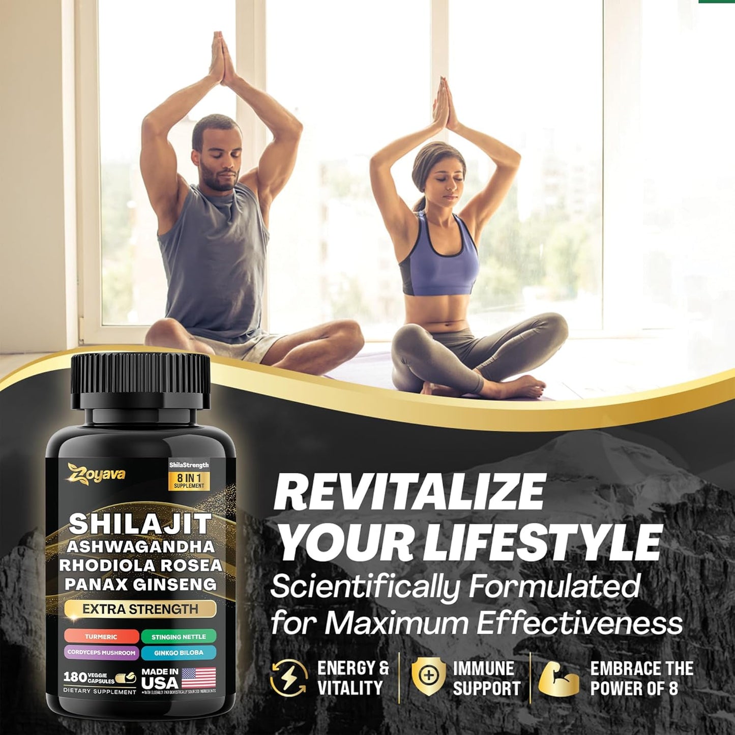 15,250 MG Herbal Supplement with Shilajit, Ginseng, Ashwagandha, Rhodiola, Turmeric, Gingko, Nettle, and Cordyceps (180 Caps)