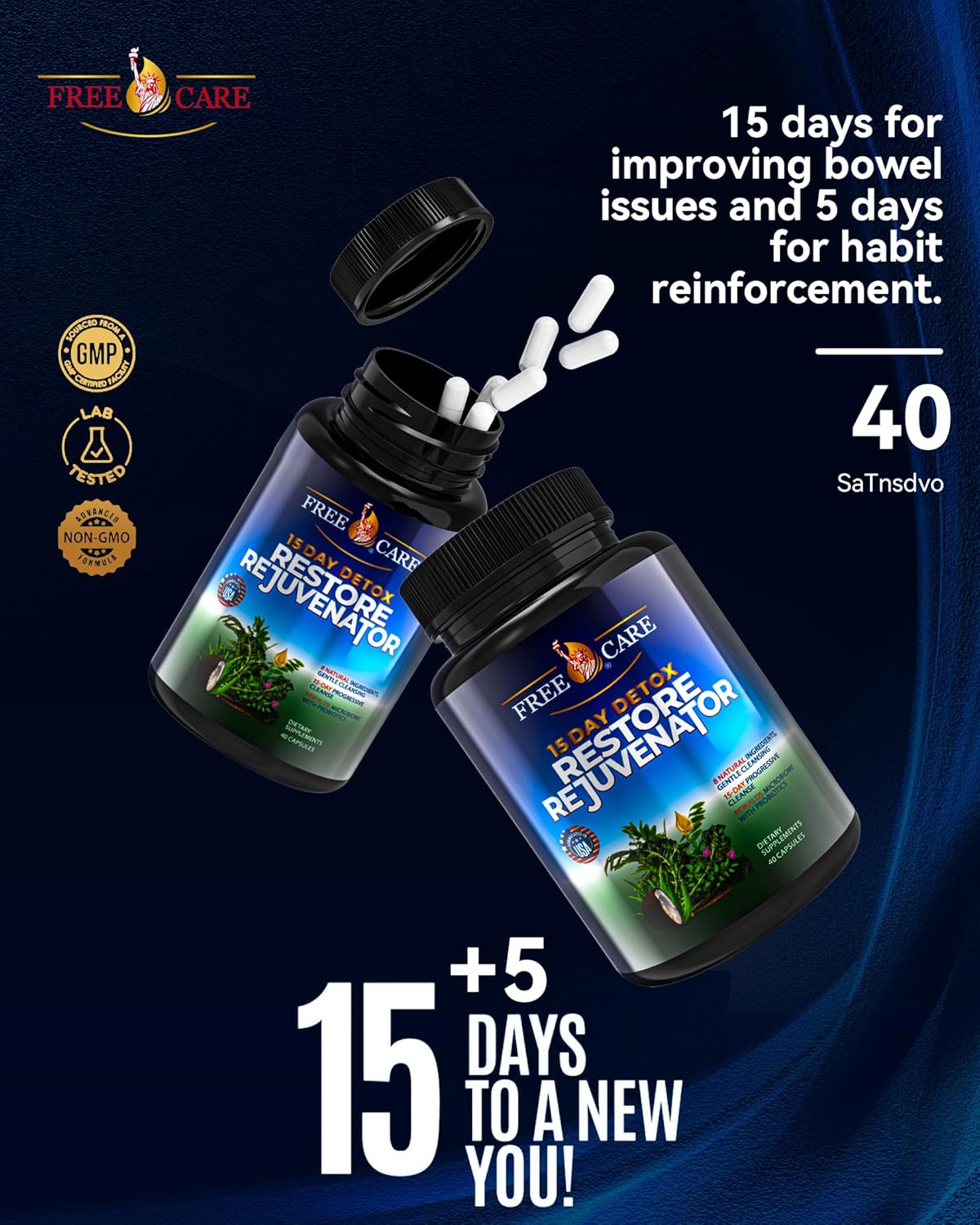 15+5 Day FreeCare Colon Cleanse Upgrade for Women & Men - Advanced Gut Detox with Natural Laxatives & Probiotics