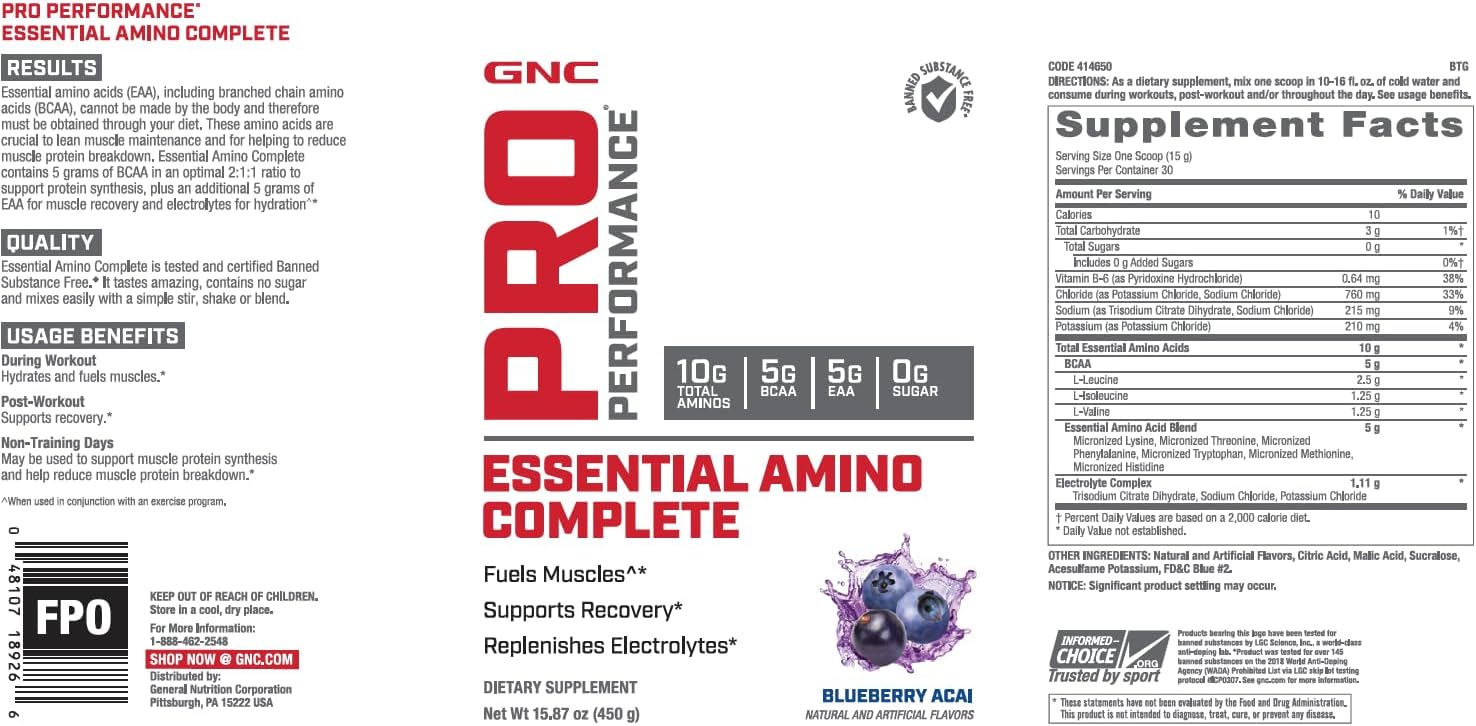 15.87 oz GNC Pro Performance Essential Amino Complete in Blueberry Acai Flavor for Muscle Recovery