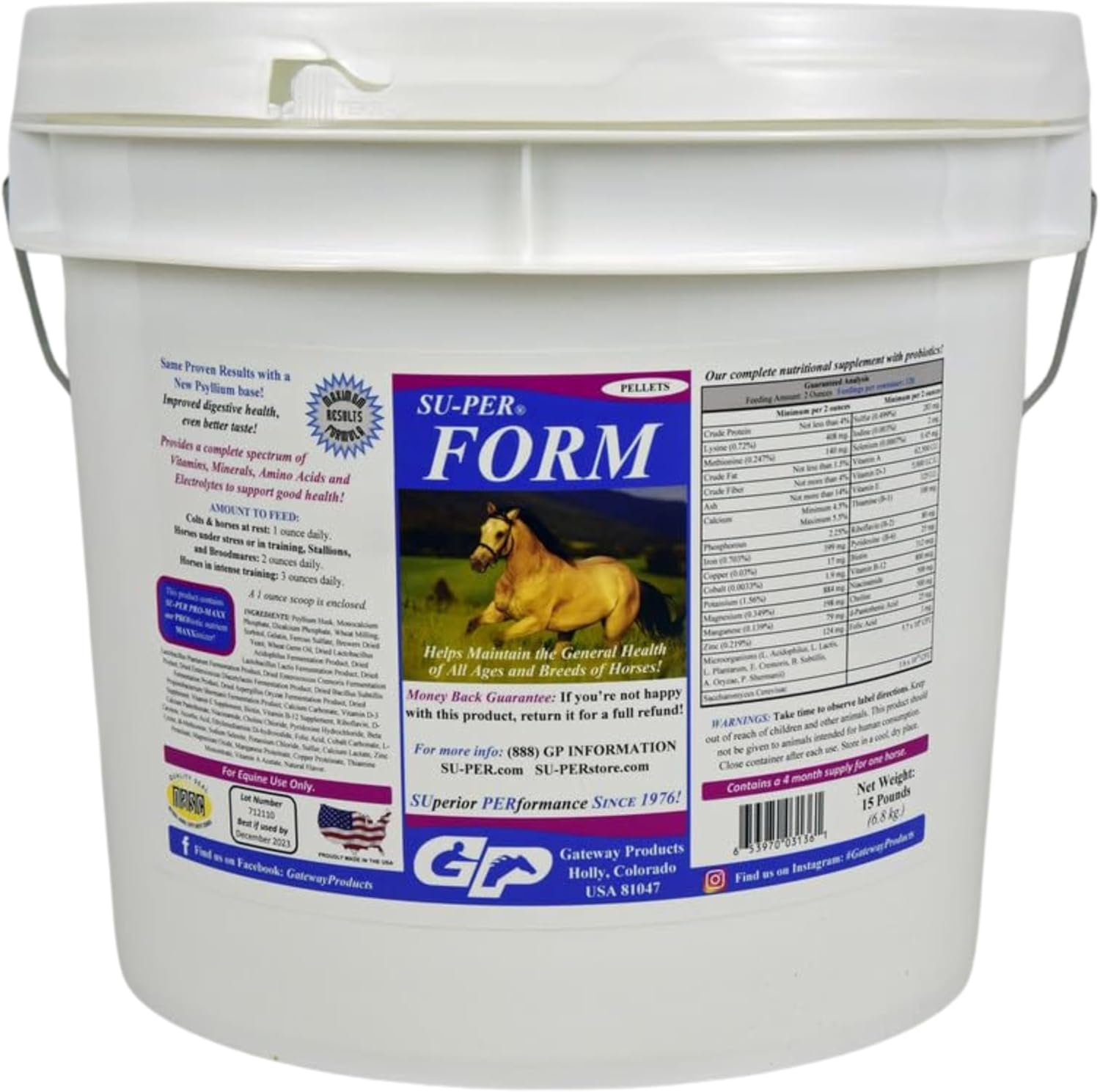 15lb SU-PER Form Horse Vitamins & Minerals Pellets - Probiotic Supplement for General Health - Amino Acids & Electrolytes - 4 Month Supply