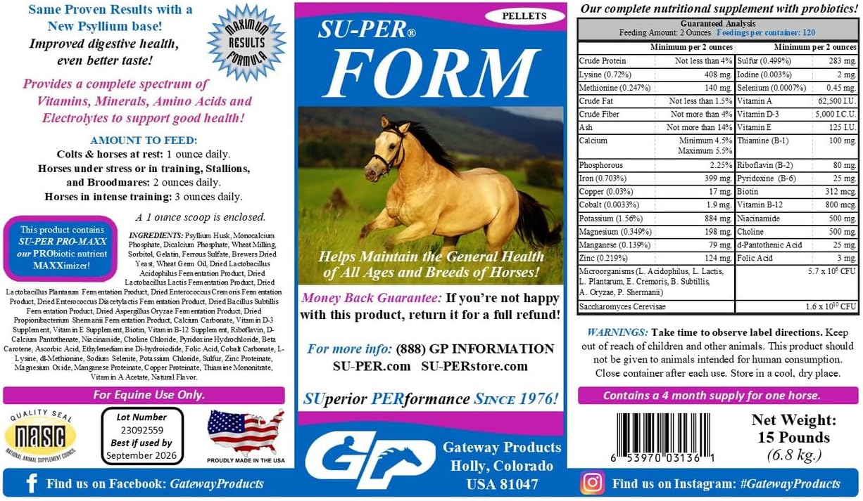 15lb SU-PER Form Horse Vitamins & Minerals Pellets - Probiotic Supplement for General Health - Amino Acids & Electrolytes - 4 Month Supply
