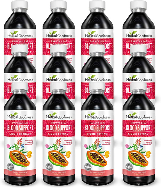 15X Strength Papaya Leaf Extract Liquid for Healthy Platelets, Blood Cleanse, and Digestion - 12 Bottles - Herbal Goodness USA