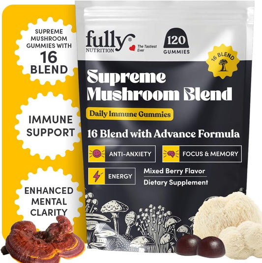 16 Blend Mushroom Supplement Gummies for Adults with Chaga, Lions Mane, Reishi, Cordyceps - Supports Focus & Clarity, Mixed Berry Flavor - Nutrient-Rich Mushroom Gummies for Microdosing