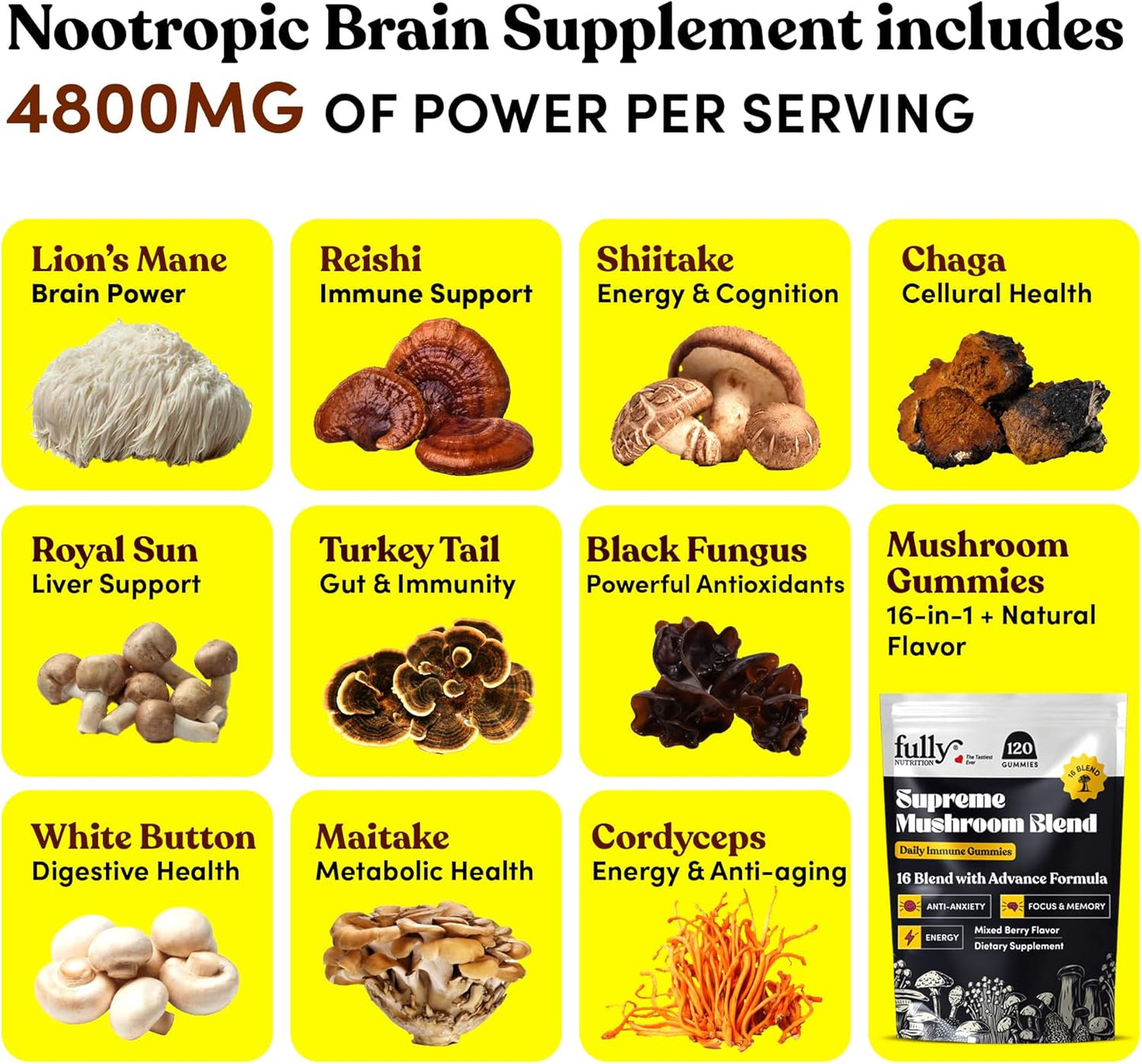 16 Blend Mushroom Supplement Gummies for Adults with Chaga, Lions Mane, Reishi, Cordyceps - Supports Focus & Clarity, Mixed Berry Flavor - Nutrient-Rich Mushroom Gummies for Microdosing