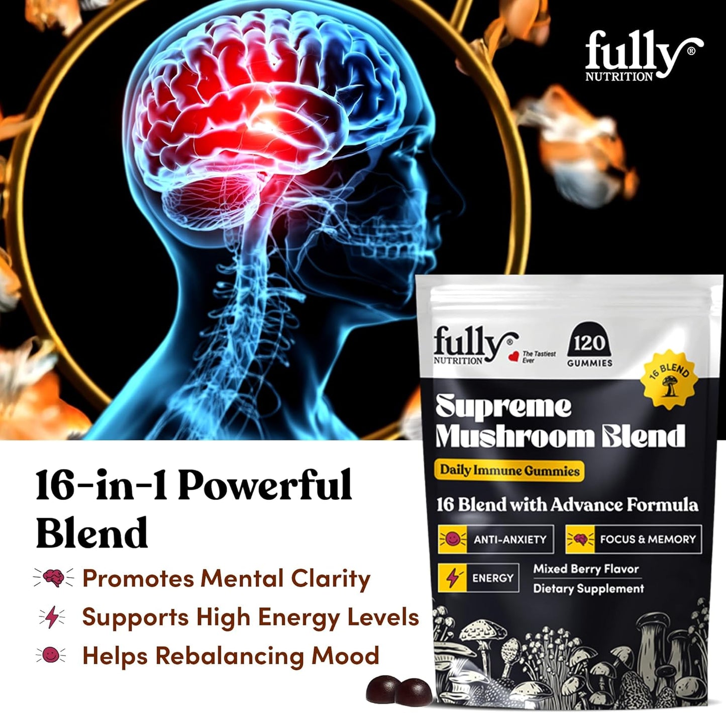 16 Blend Mushroom Supplement Gummies for Adults with Chaga, Lions Mane, Reishi, Cordyceps - Supports Focus & Clarity, Mixed Berry Flavor - Nutrient-Rich Mushroom Gummies for Microdosing