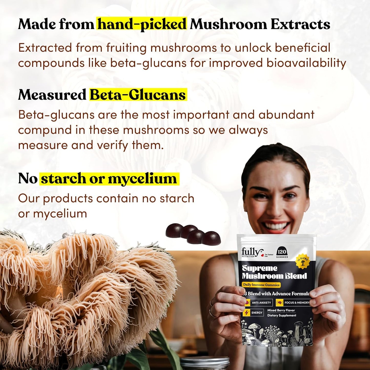 16 Blend Mushroom Supplement Gummies for Adults with Chaga, Lions Mane, Reishi, Cordyceps - Supports Focus & Clarity, Mixed Berry Flavor - Nutrient-Rich Mushroom Gummies for Microdosing