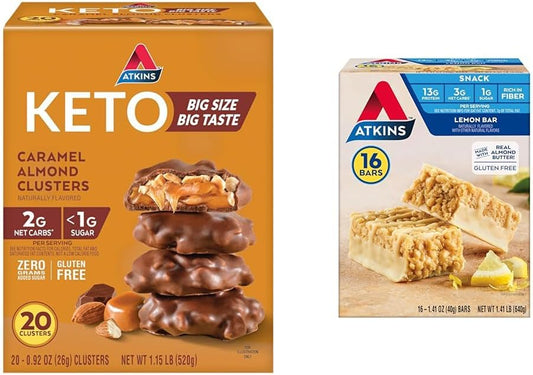 16 Count Atkins Lemon Bar Caramel Almond Clusters, Gluten Free Keto Snack Bars