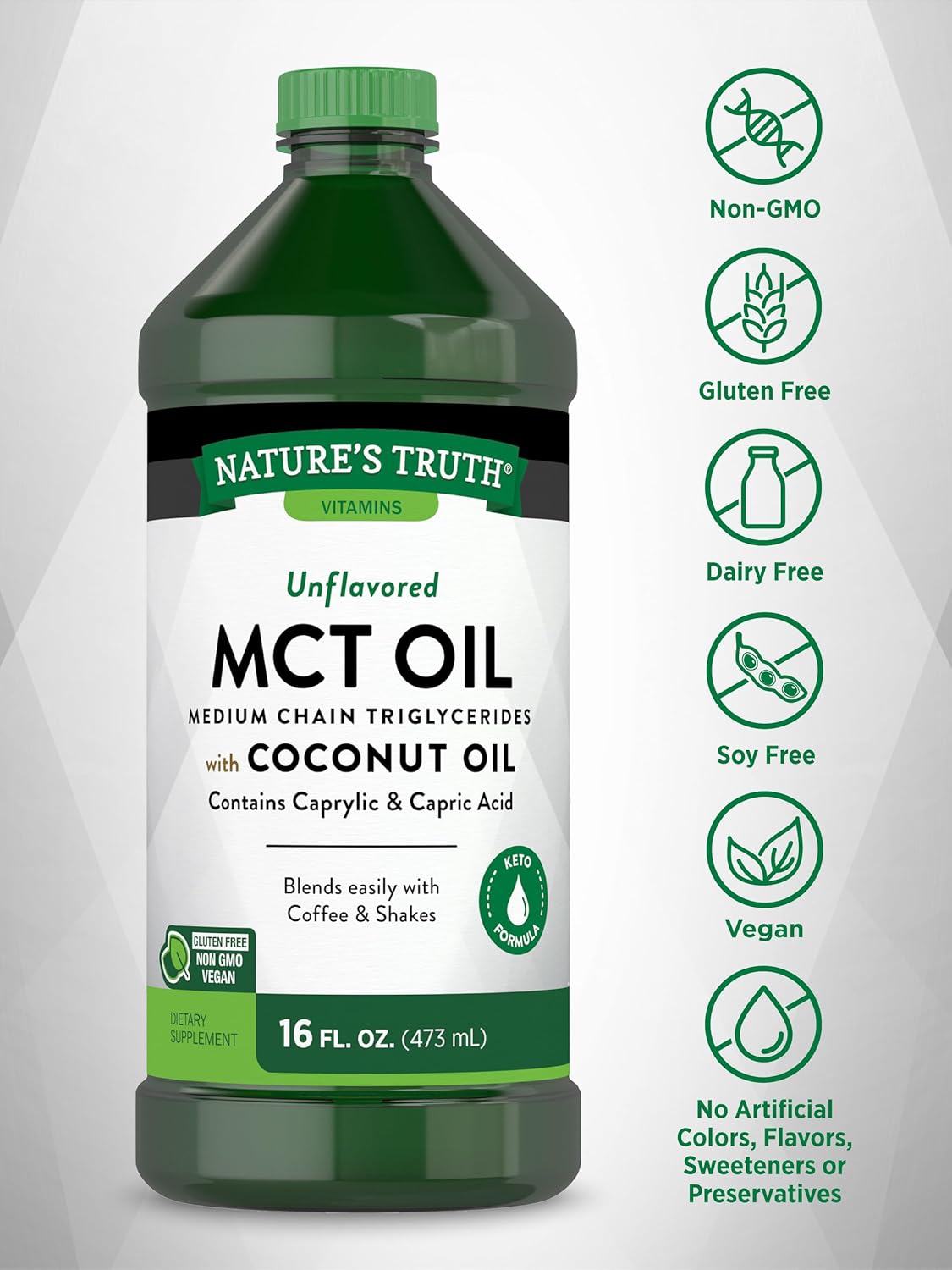 16 fl oz Nature's Truth MCT Oil with Coconut Oil - Keto, Unflavored, Vegan, Non-GMO, Gluten Free Supplement