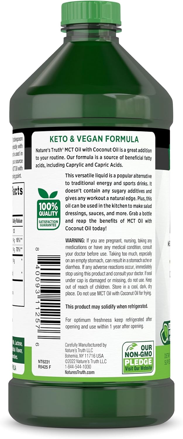 16 fl oz Nature's Truth MCT Oil with Coconut Oil - Keto, Unflavored, Vegan, Non-GMO, Gluten Free Supplement