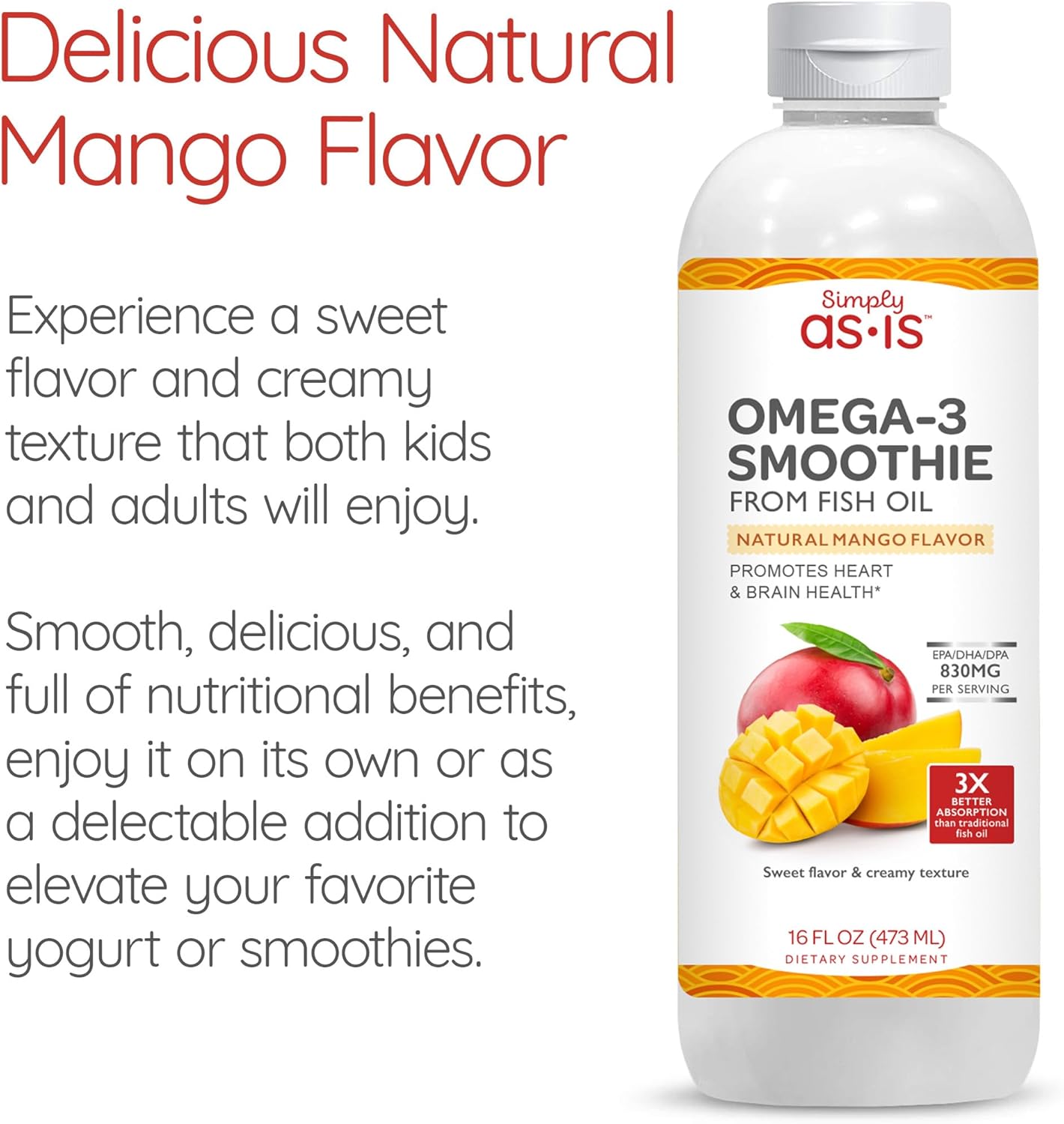 16 fl oz Omega-3 Fish Oil Smoothie for Heart & Brain Health - Dairy & Sugar Free Mango Flavor