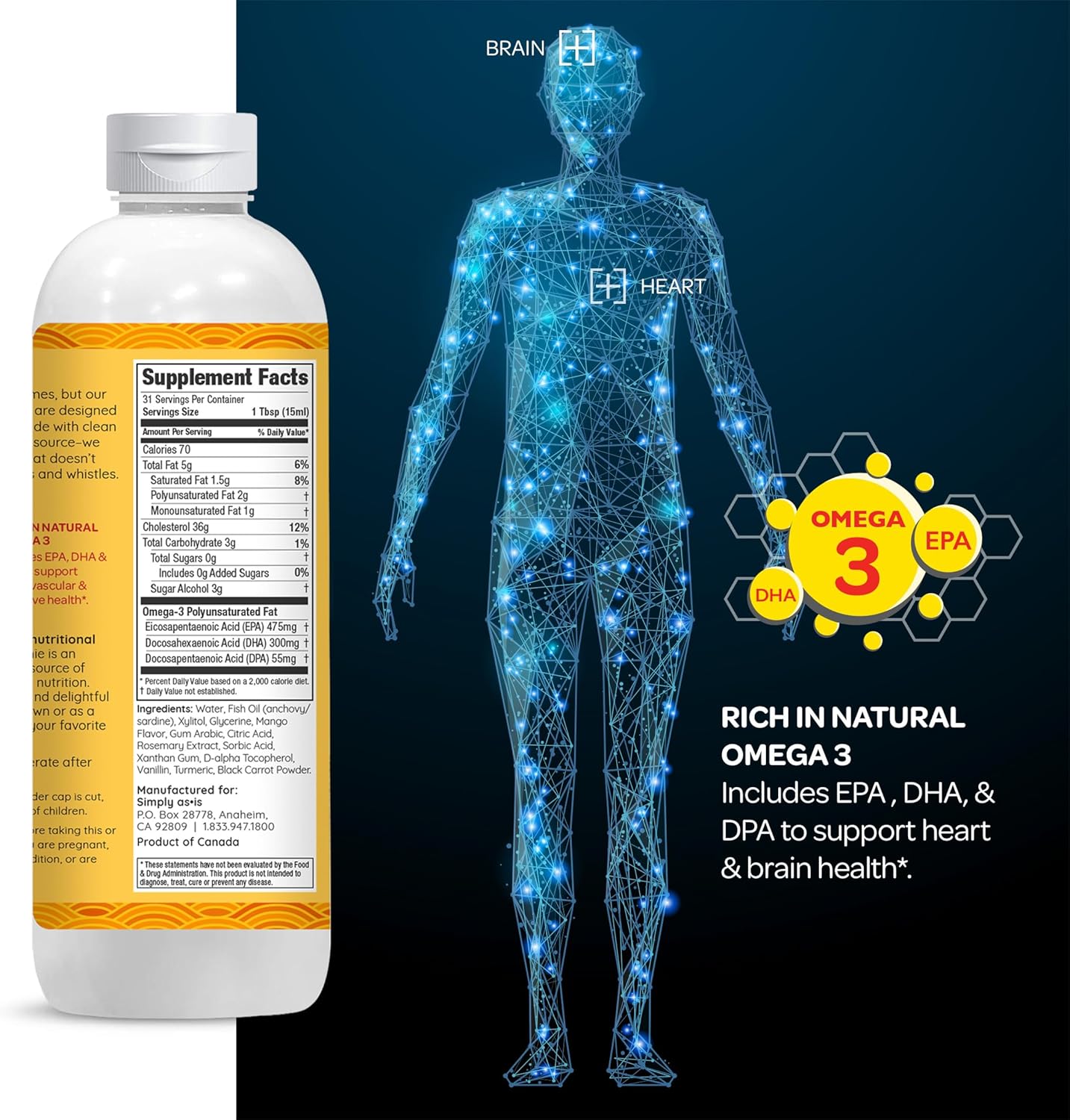 16 fl oz Omega-3 Fish Oil Smoothie for Heart & Brain Health - Dairy & Sugar Free Mango Flavor