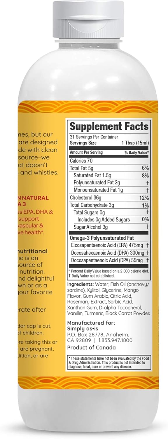 16 fl oz Omega-3 Fish Oil Smoothie for Heart & Brain Health - Dairy & Sugar Free Mango Flavor