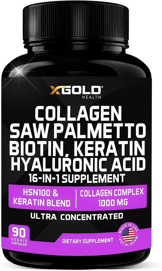 16-in-1 Beauty Supplement with Collagen, Saw Palmetto, Biotin, Keratin, & Hyaluronic Acid - Hair, Skin, & Nail Growth - 90 Capsules