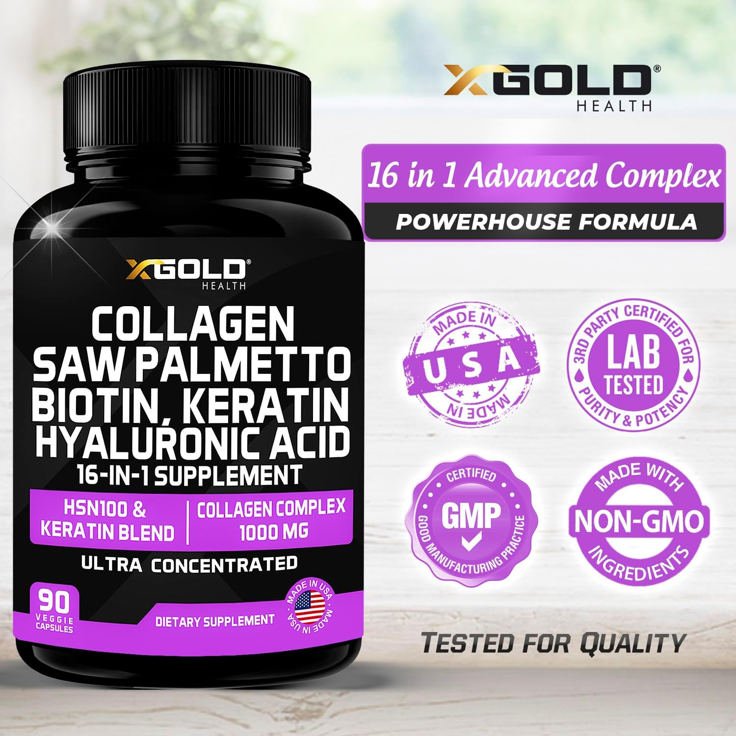 16-in-1 Beauty Supplement with Collagen, Saw Palmetto, Biotin, Keratin, & Hyaluronic Acid - Hair, Skin, & Nail Growth - 90 Capsules