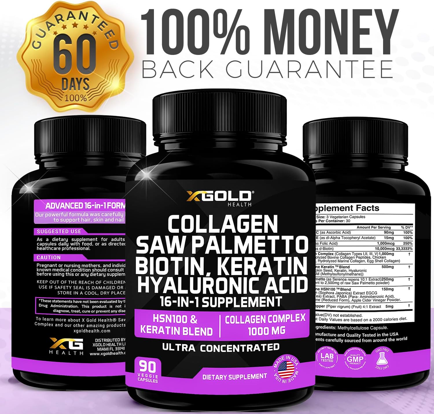 16-in-1 Beauty Supplement with Collagen, Saw Palmetto, Biotin, Keratin, & Hyaluronic Acid - Hair, Skin, & Nail Growth - 90 Capsules