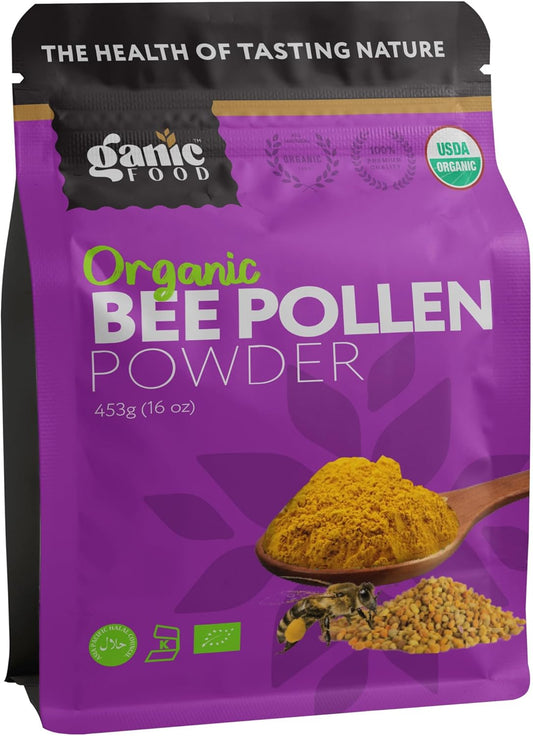 16 Ounces of Ganic Food Pure Organic Bee Pollen Powder - Natural Superfood Supplement for Health and Wellness