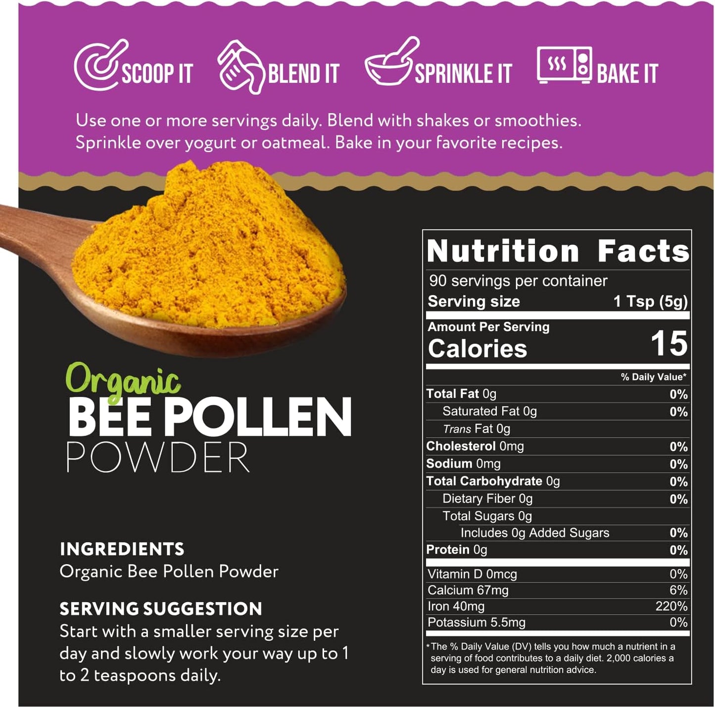 16 Ounces of Ganic Food Pure Organic Bee Pollen Powder - Natural Superfood Supplement for Health and Wellness