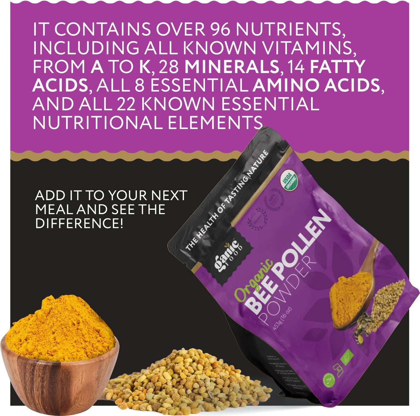 16 Ounces of Ganic Food Pure Organic Bee Pollen Powder - Natural Superfood Supplement for Health and Wellness