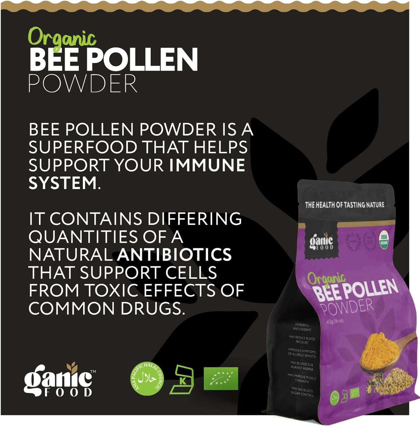 16 Ounces of Ganic Food Pure Organic Bee Pollen Powder - Natural Superfood Supplement for Health and Wellness