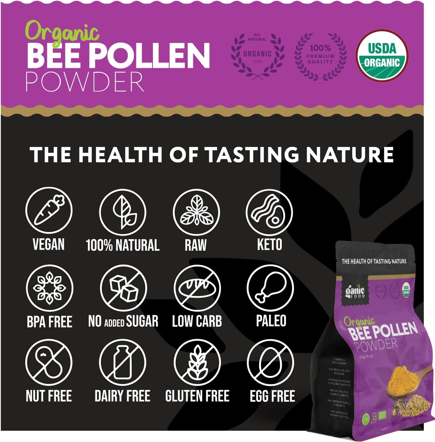 16 Ounces of Ganic Food Pure Organic Bee Pollen Powder - Natural Superfood Supplement for Health and Wellness
