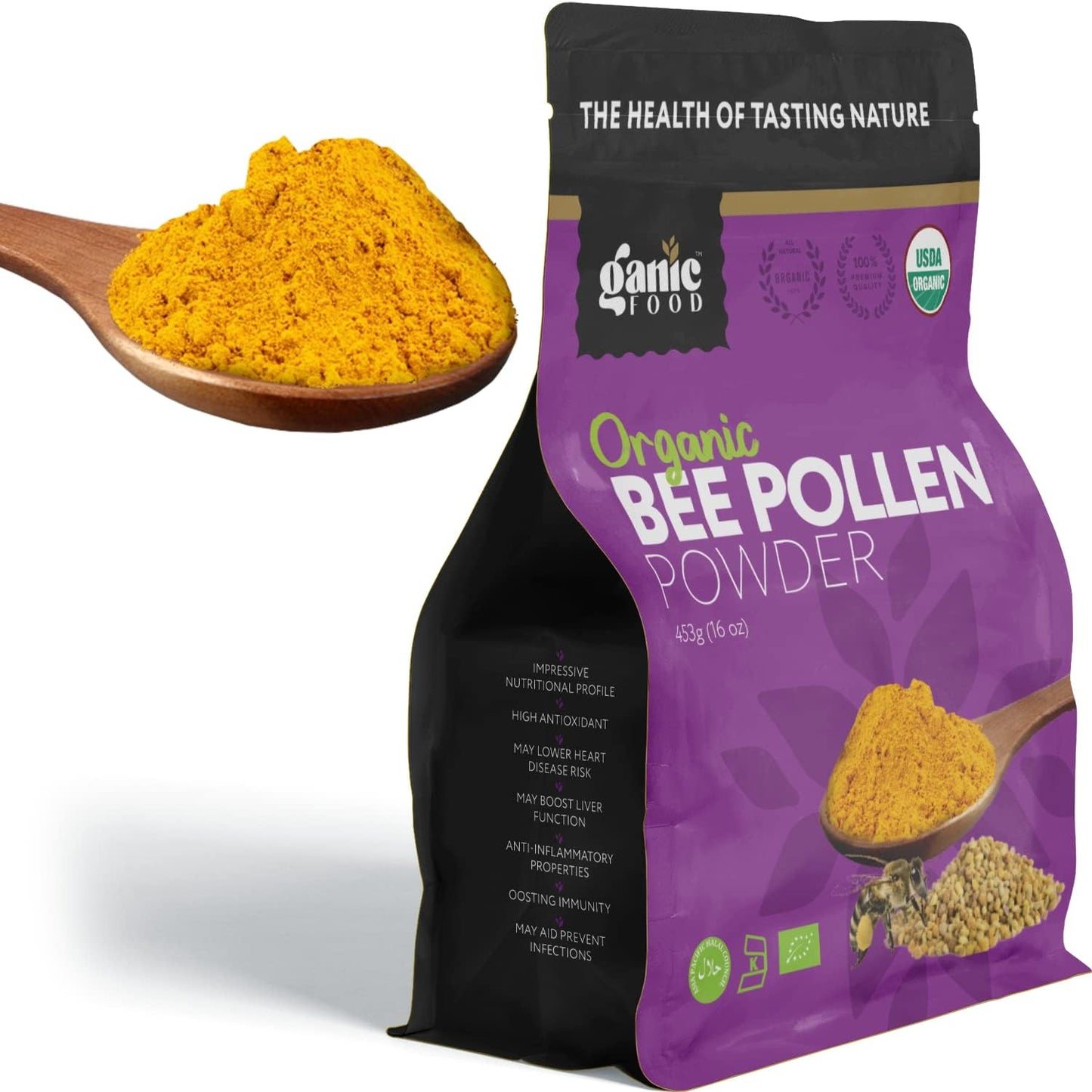 16 Ounces of Ganic Food Pure Organic Bee Pollen Powder - Natural Superfood Supplement for Health and Wellness