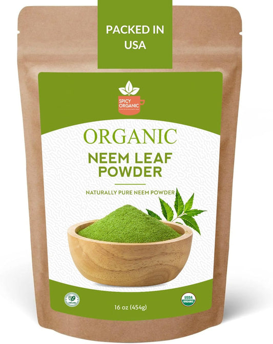 16 oz. Certified USDA Organic Spicy Neem Powder for Healthy Hair and Skin - Non-GMO Ayurvedic Herb for Overall Wellbeing