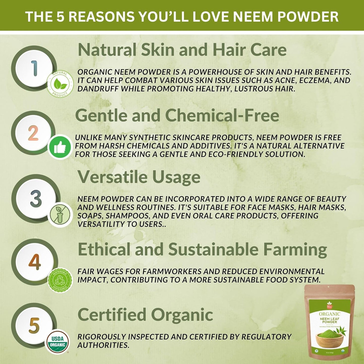 16 oz. Certified USDA Organic Spicy Neem Powder for Healthy Hair and Skin - Non-GMO Ayurvedic Herb for Overall Wellbeing