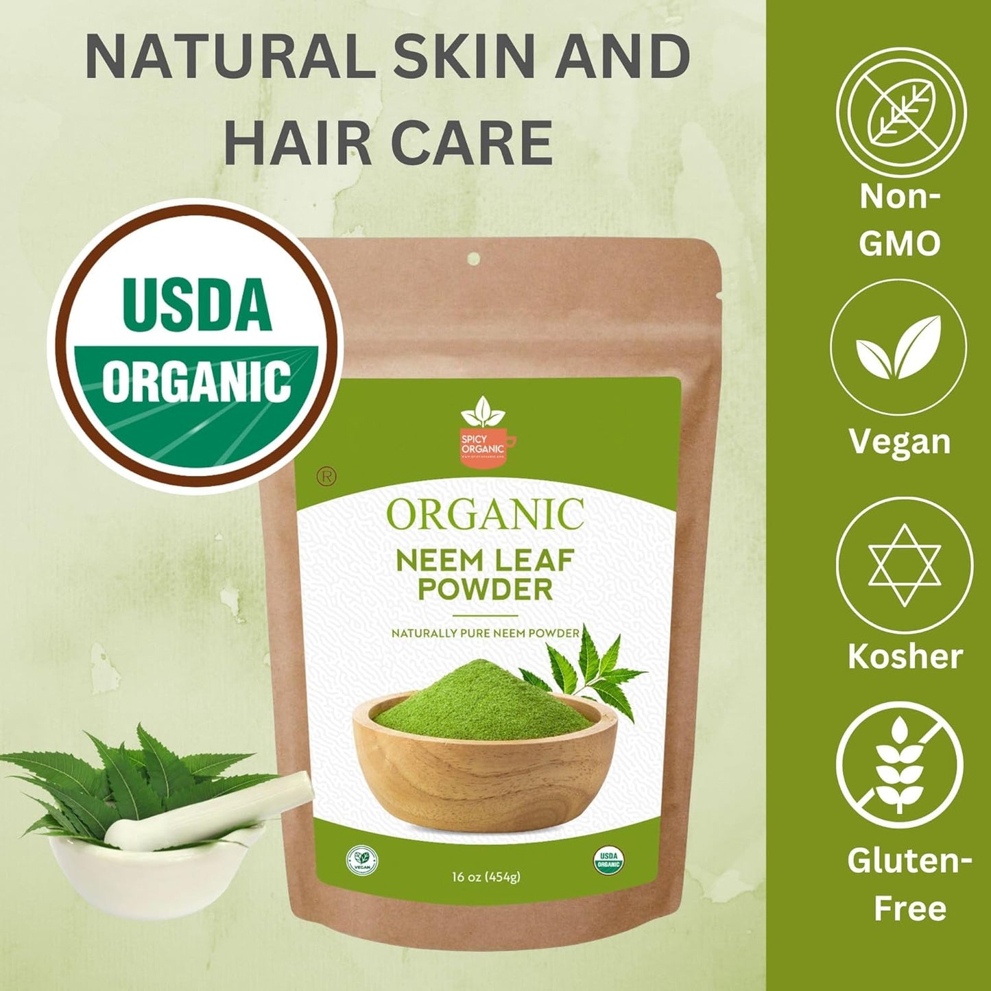 16 oz. Certified USDA Organic Spicy Neem Powder for Healthy Hair and Skin - Non-GMO Ayurvedic Herb for Overall Wellbeing