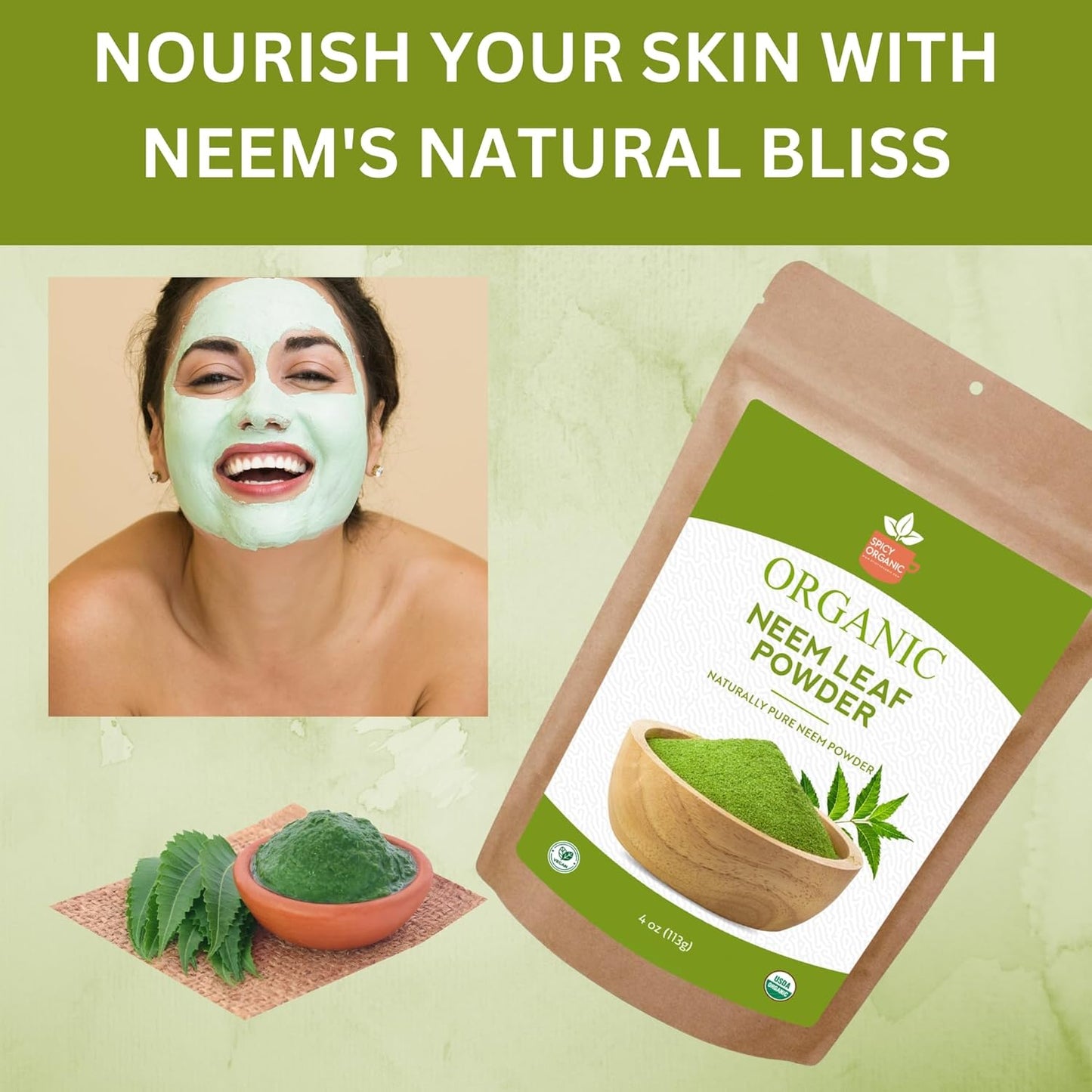 16 oz. Certified USDA Organic Spicy Neem Powder for Healthy Hair and Skin - Non-GMO Ayurvedic Herb for Overall Wellbeing