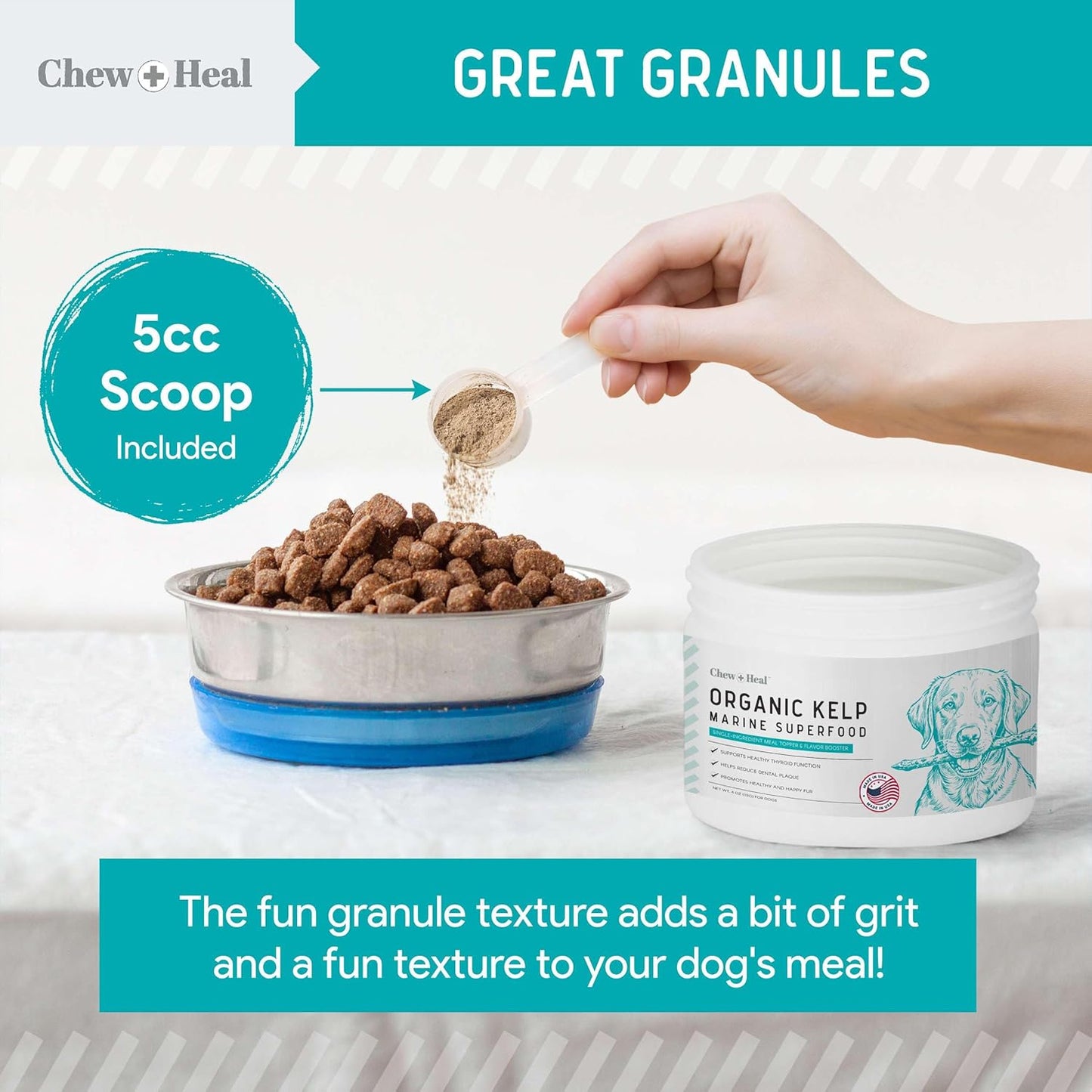 16 oz Chew + Heal Labs Kelp Powder Granules Supplement for Dogs with 5cc Spoon - Promotes Thyroid Health, Dental Hygiene, and Skin - USA Made