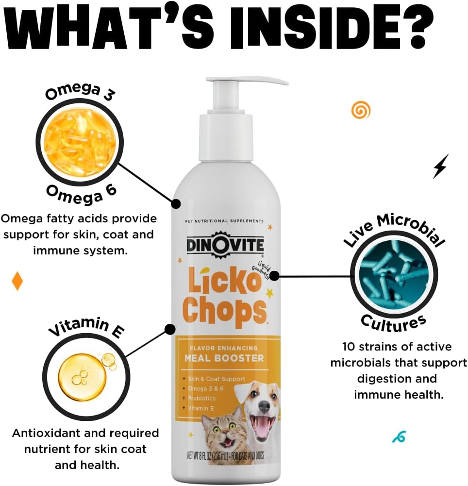 16 oz Dinovite Lickochops Supplement for Dogs & Cats | Omega-6 & 3 Fatty Acids, Probiotics, Vitamin E | Includes Pump