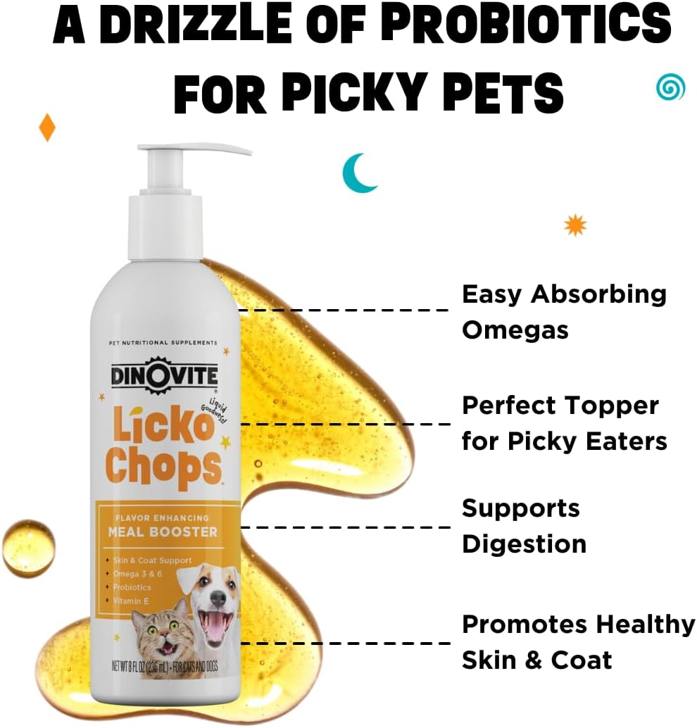 16 oz Dinovite Lickochops Supplement for Dogs & Cats | Omega-6 & 3 Fatty Acids, Probiotics, Vitamin E | Includes Pump