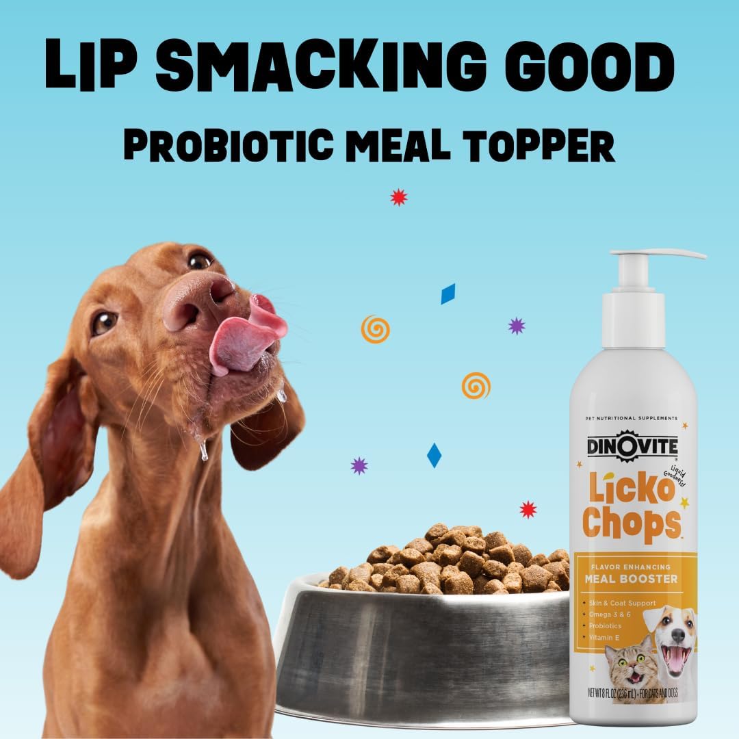 16 oz Dinovite Lickochops Supplement for Dogs & Cats | Omega-6 & 3 Fatty Acids, Probiotics, Vitamin E | Includes Pump