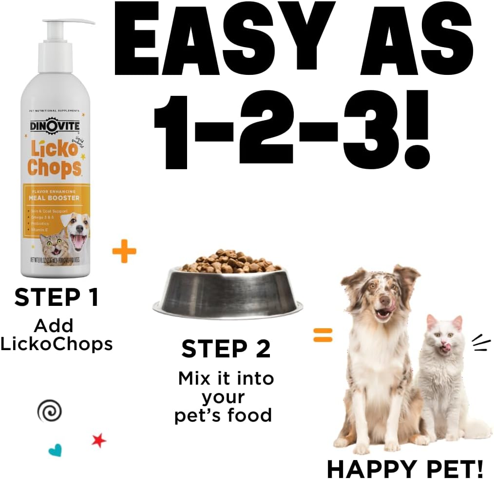 16 oz Dinovite Lickochops Supplement for Dogs & Cats | Omega-6 & 3 Fatty Acids, Probiotics, Vitamin E | Includes Pump