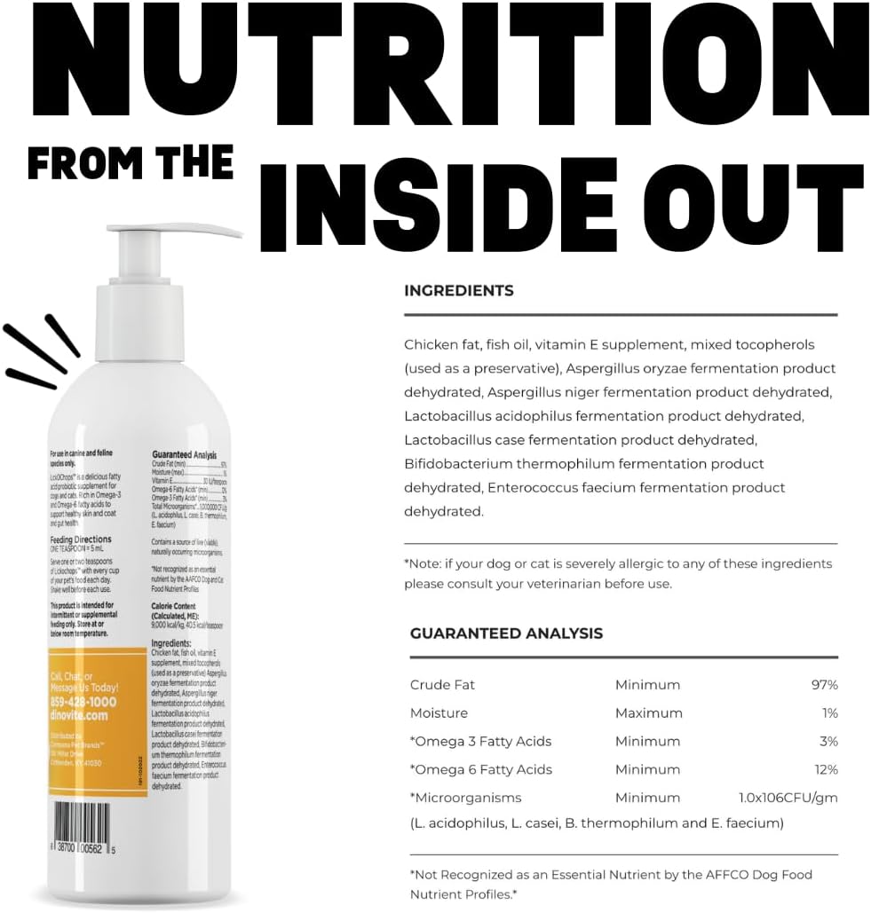 16 oz Dinovite Lickochops Supplement for Dogs & Cats | Omega-6 & 3 Fatty Acids, Probiotics, Vitamin E | Includes Pump