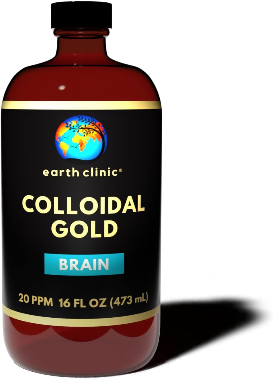 16 oz Earth Clinic ® Colloidal Gold 20 ppm in Large Amber Glass Bottle for Natural Brain Support & Cognitive Function - 473 mL